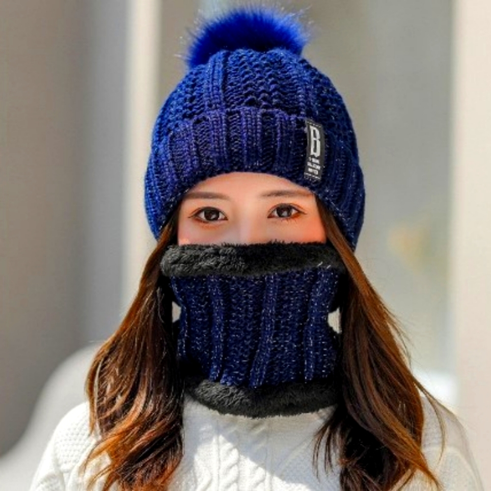 Women Wool Knitted Hat and Siamese Scarf - One size